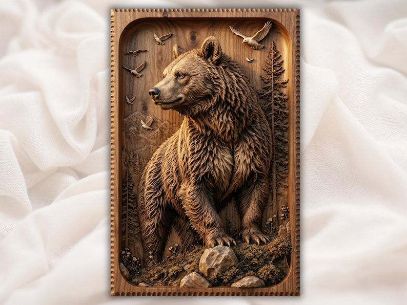 Carved wood bas-relief of a grizzly bear on a rocky slope with pine trees, mountains, and birds in flight.