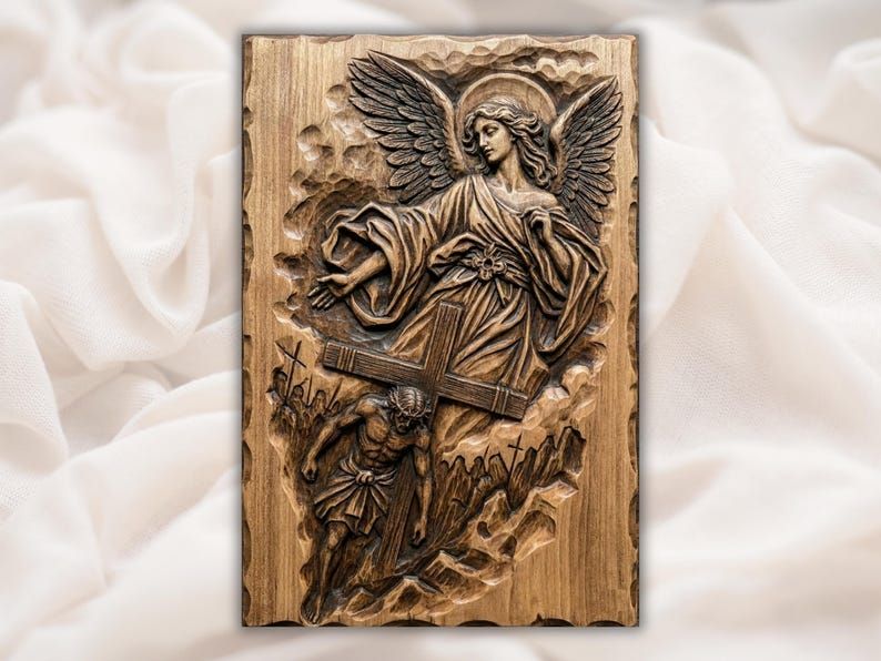 Carved wood bas-relief of a winged guardian angel above a man carrying a cross up a hill
