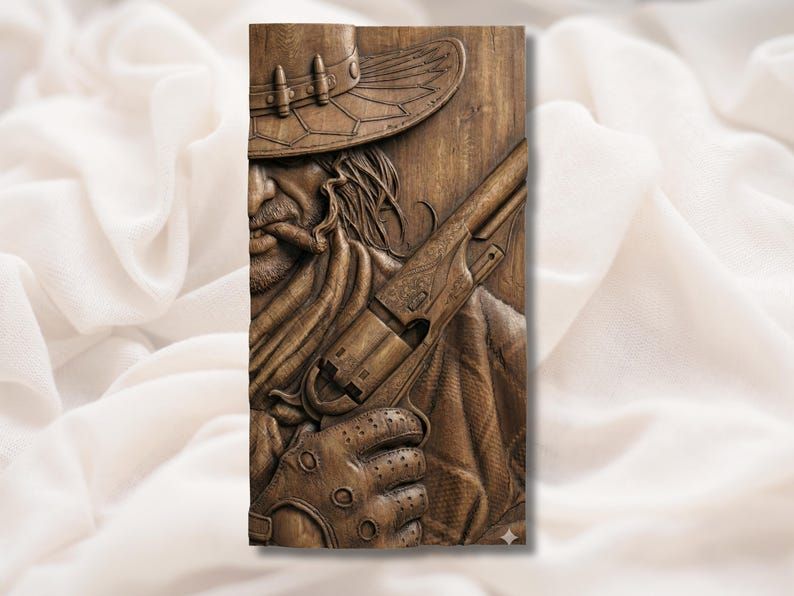 Carved wood bas-relief of a bearded cowboy in a bullet-studded hat gripping an engraved revolver.