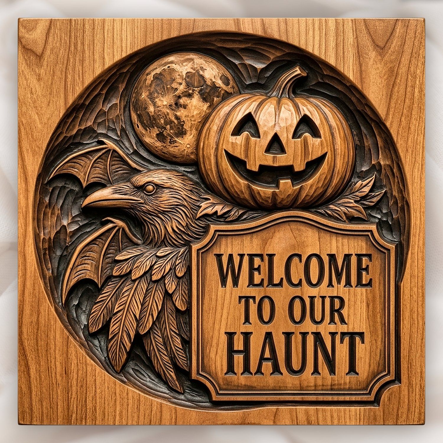 Halloween Welcome Sign Raven Pumpkin CNC Relief STL bas-relief STL design