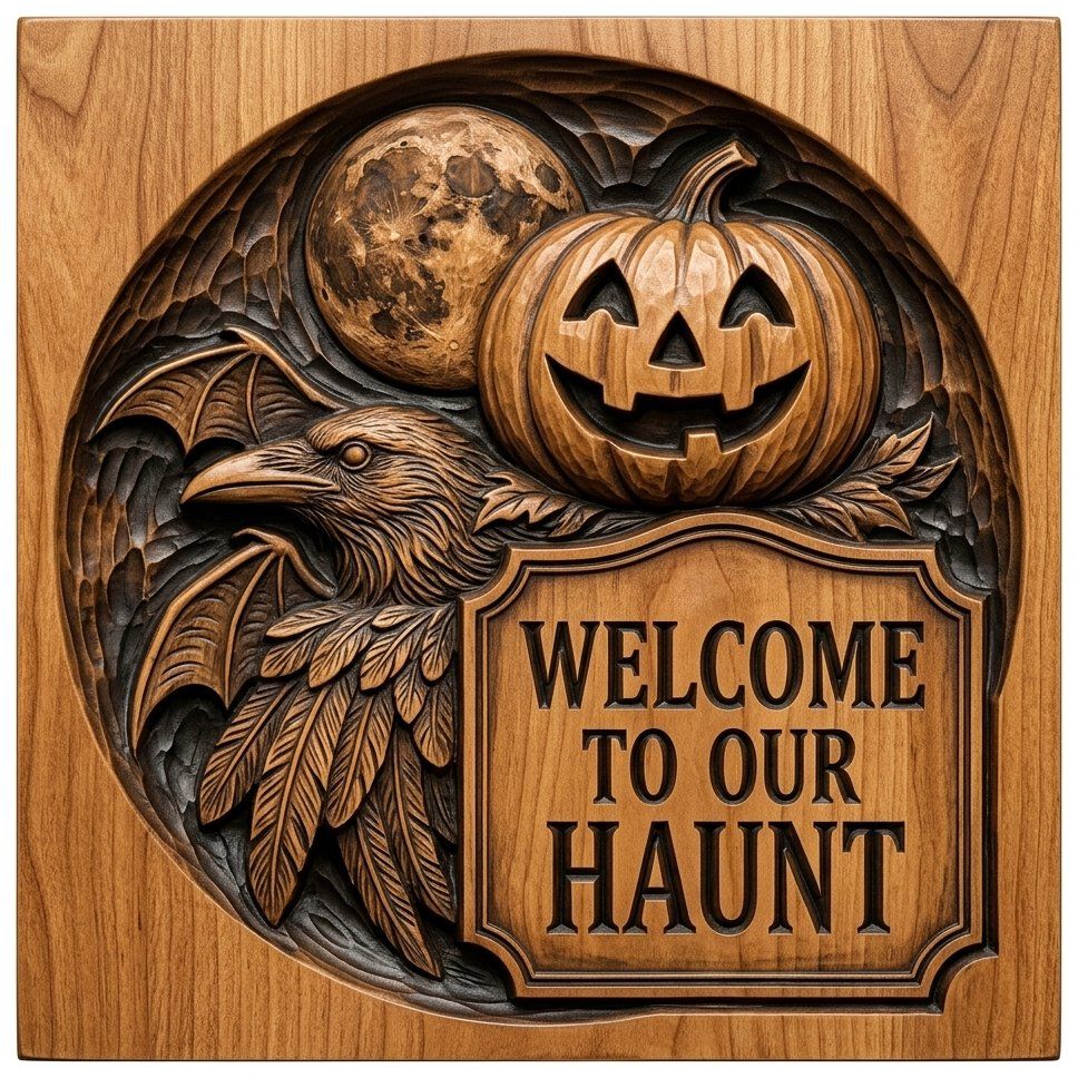 Halloween Welcome Sign Raven Pumpkin CNC Relief STL bas-relief STL — view 13