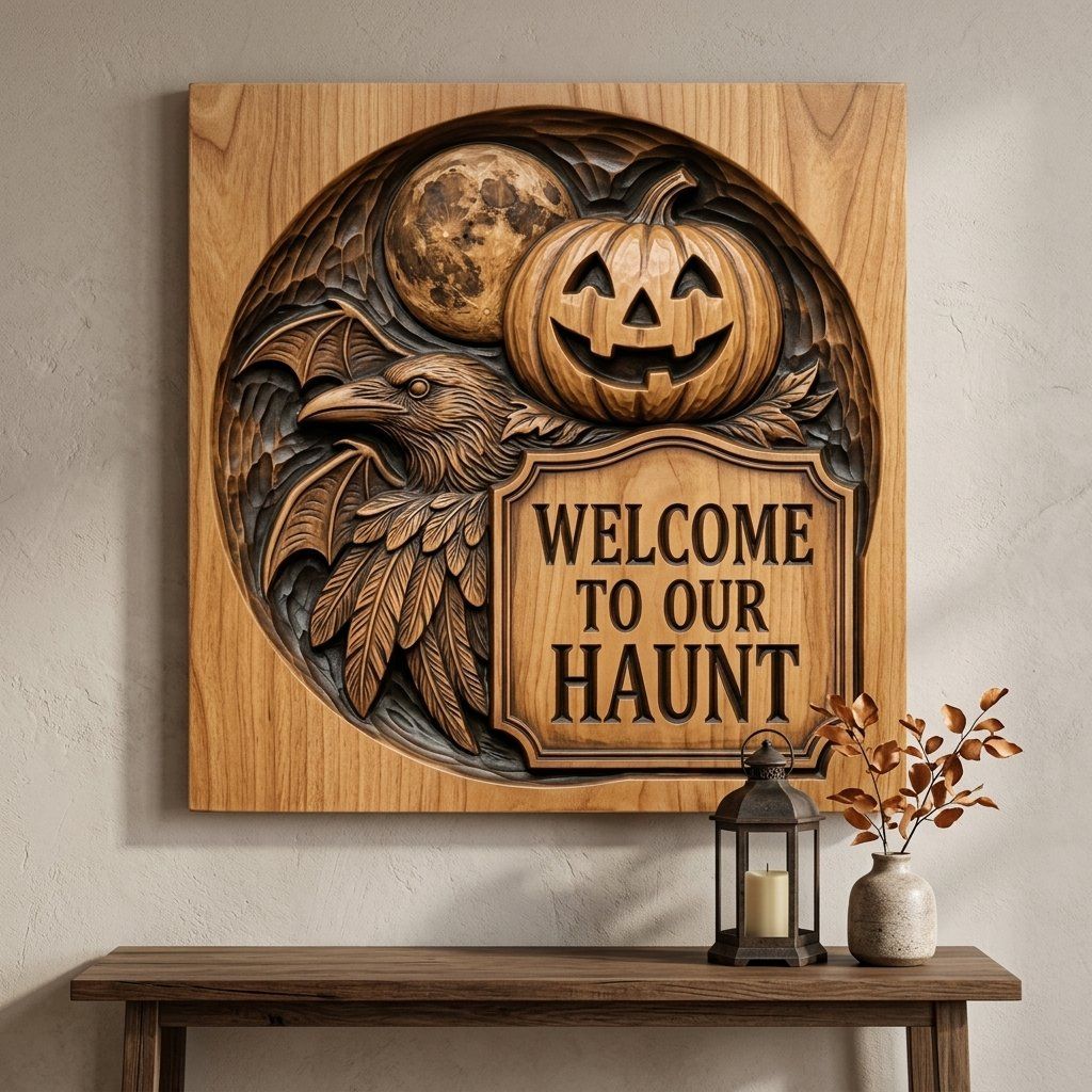 Halloween Welcome Sign Raven Pumpkin CNC Relief STL bas-relief STL — view 14