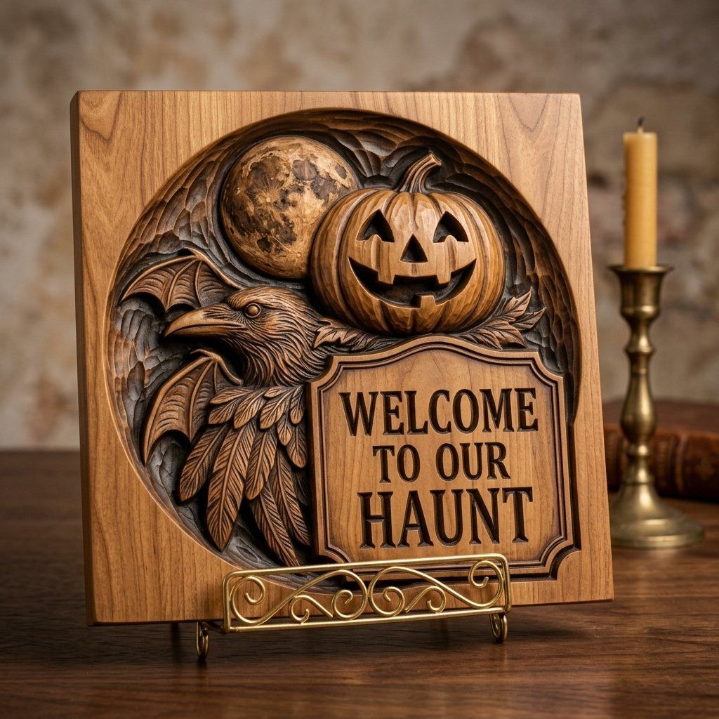 Halloween Welcome Sign Raven Pumpkin CNC Relief STL bas-relief STL — view 3