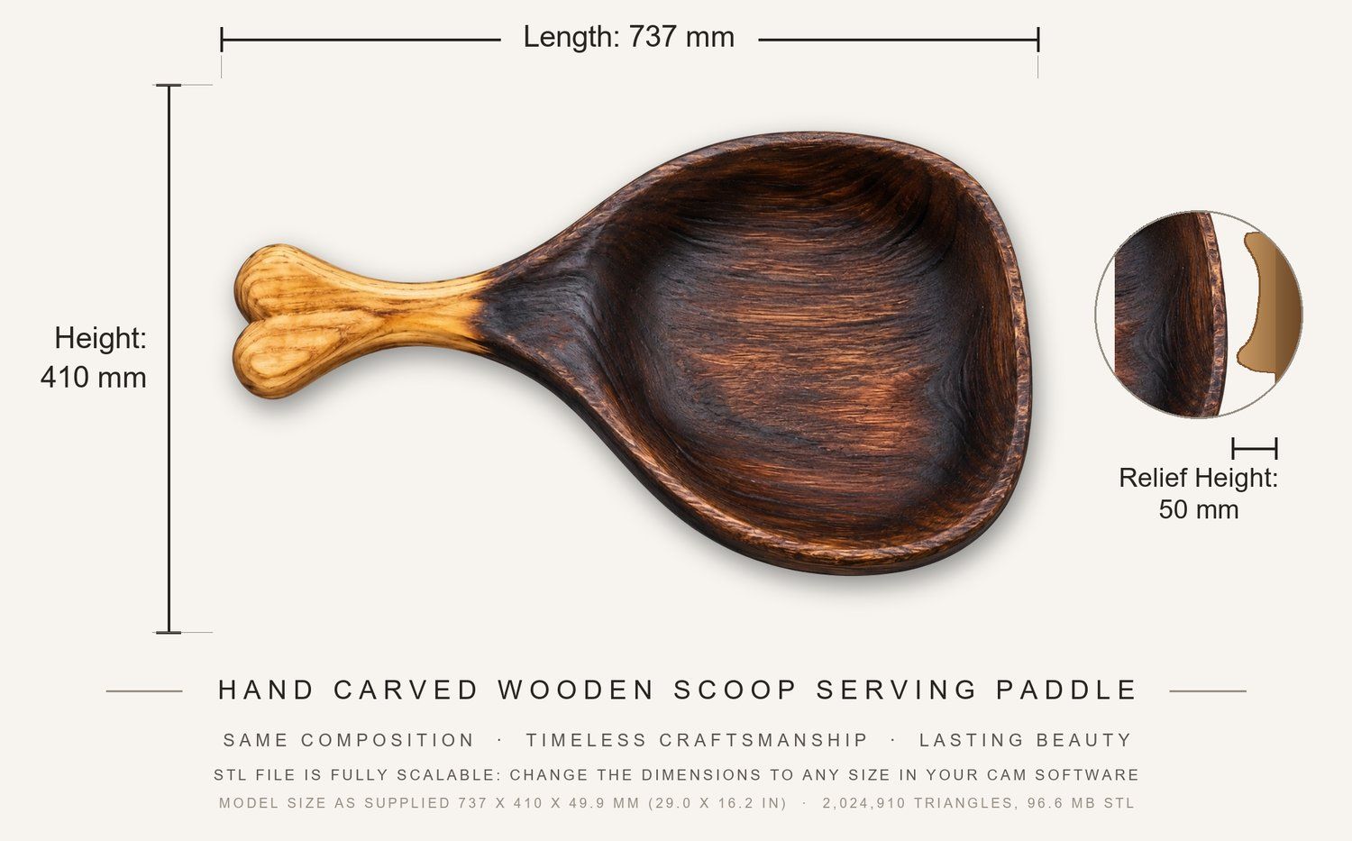 Hand Carved Wooden Scoop Serving Paddle CNC Relief STL bas-relief STL — view 3