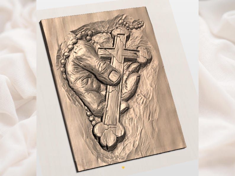 Weathered Hand Cradling an Orthodox Cross and Rosary Relief bas-relief STL — view 2