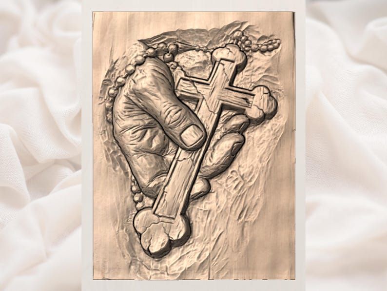 Weathered Hand Cradling an Orthodox Cross and Rosary Relief bas-relief STL — view 3