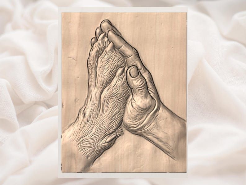 Human Hand Cradling a Dog's Paw Bas-Relief STL bas-relief STL — view 2