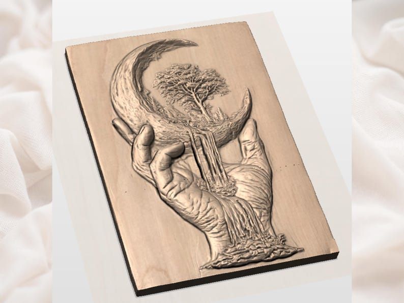 Hand Holding Crescent Moon with Waterfall and Tree Relief bas-relief STL — view 2