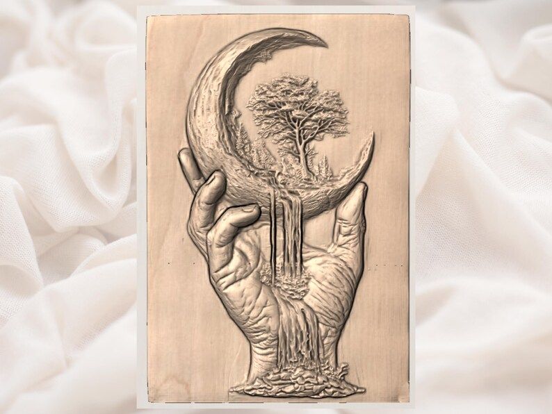 Hand Holding Crescent Moon with Waterfall and Tree Relief bas-relief STL — view 3