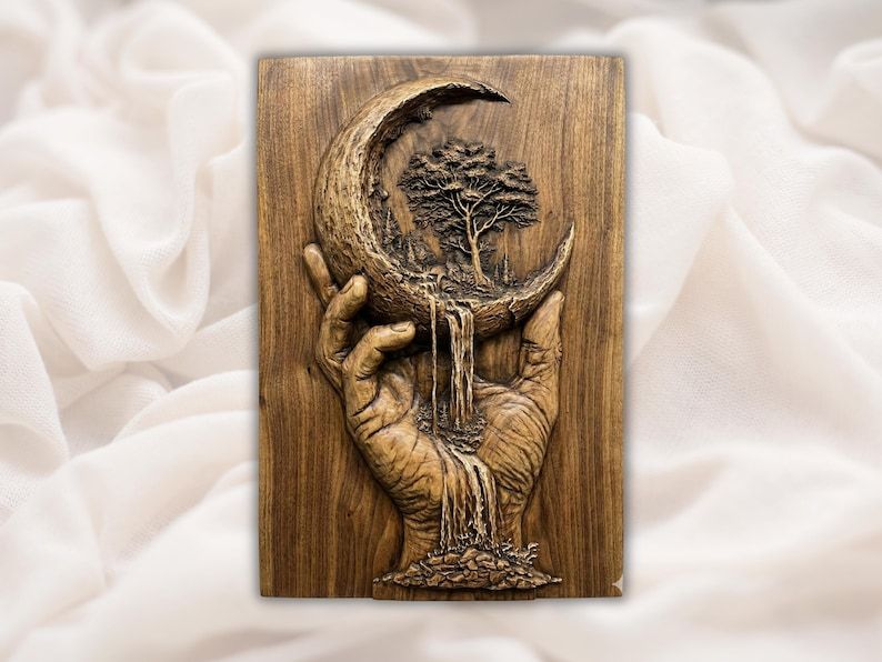 Hand Holding Crescent Moon with Waterfall and Tree Relief bas-relief STL design
