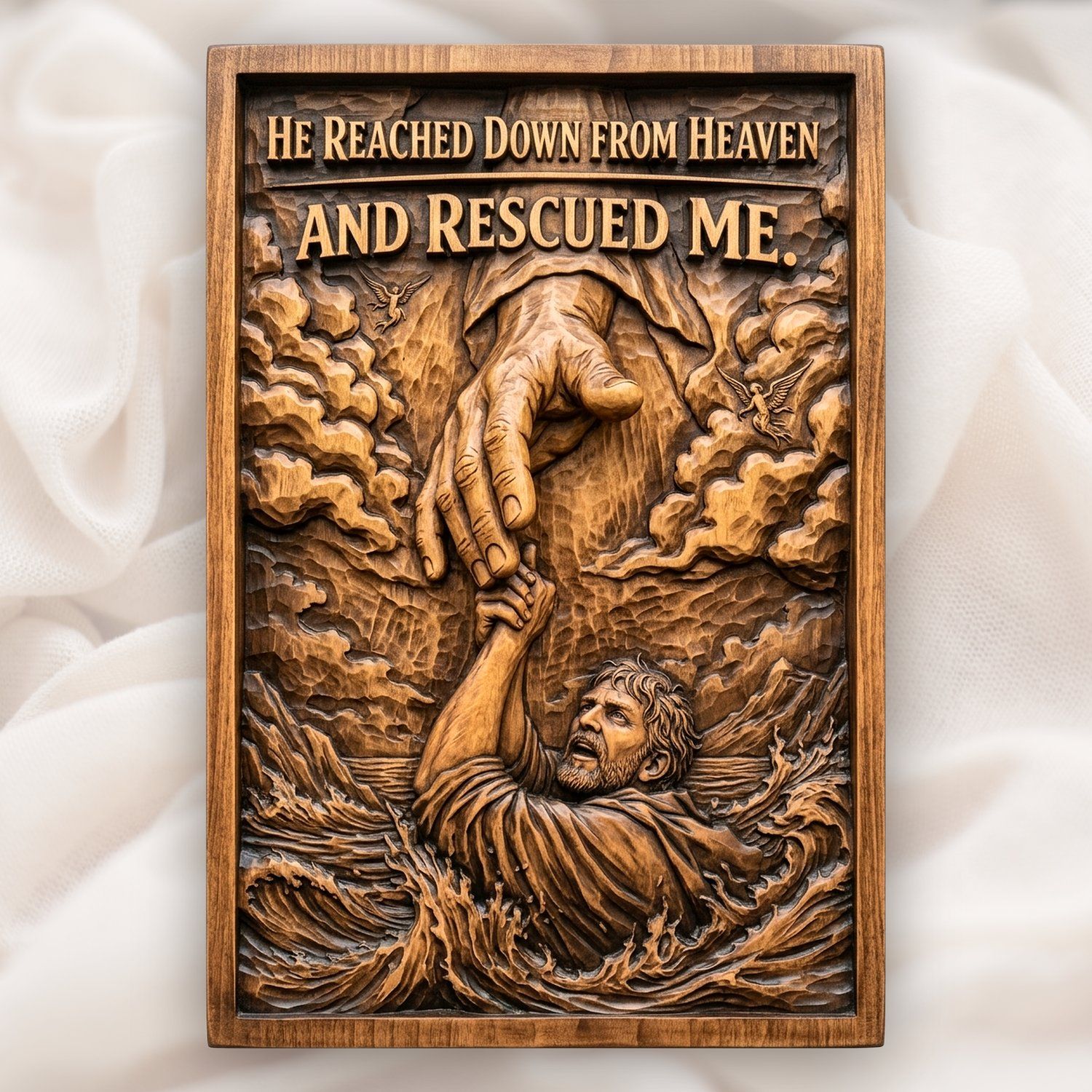 Hand of God Rescuing Man Bible Verse CNC Relief STL | Christian Wood Carving Panel | Religious Scripture Wall Art Design — carved bas relief STL file for CNC