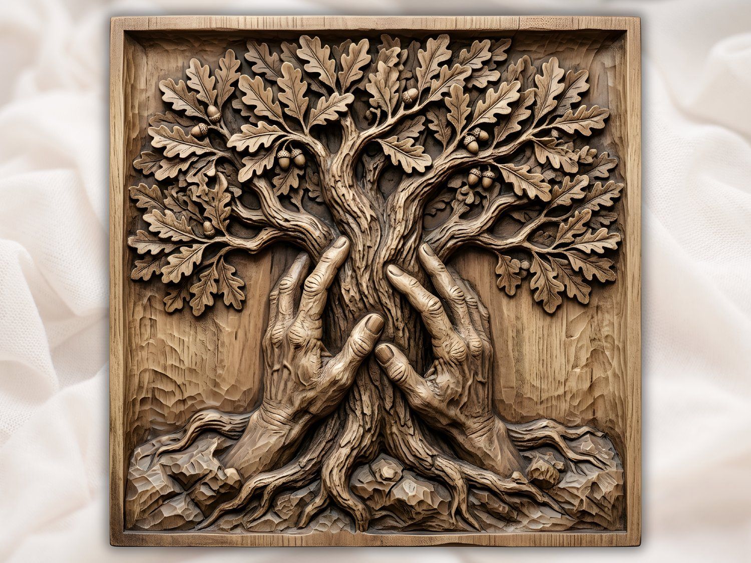Hand of Nature Oak Tree Wall Panel | Rustic Wood Carving Design | Home Decor Bas Relief | Aspire VCarve Pro Carveco ArtCAM — carved bas relief STL file for CNC
