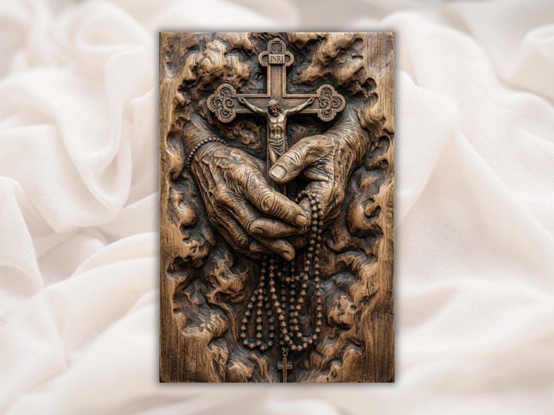 Bas-relief wood carving of aged hands holding a crucifix with INRI banner and a hanging rosary
