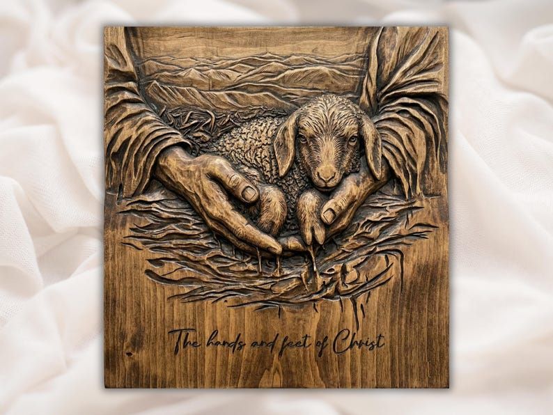 Carved wood relief of Christ's hands cradling a lamb with mountains behind and script reading The hands and feet of Christ