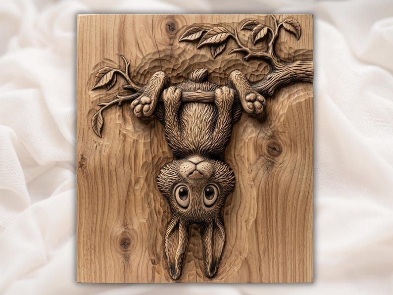 Bas-relief wood carving of a cartoon bunny hanging upside down from a tree branch with big eyes