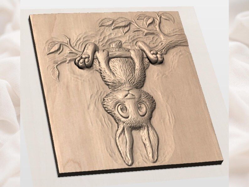 Upside-Down Bunny on a Branch Bas-Relief STL Carving bas-relief STL — view 3