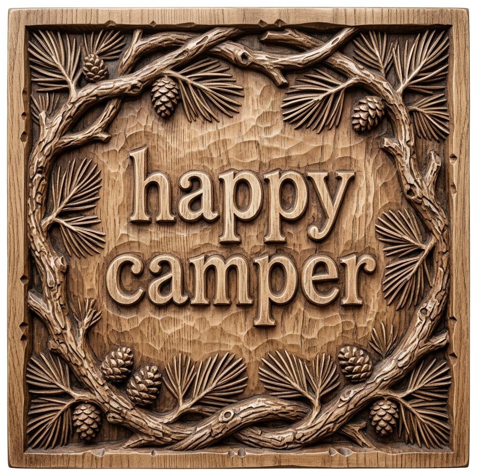 Happy Camper Forest Pinecone CNC Relief STL | Rustic Cabin Wall Art | Nature Wood Carving Panel — carved bas relief STL file for CNC