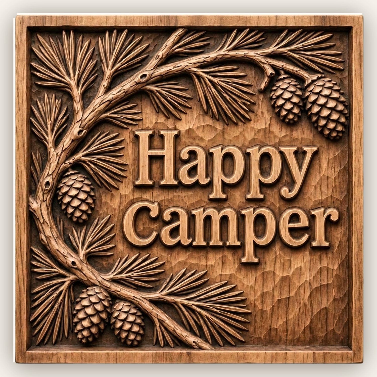 Happy Camper Pine Cone CNC Relief STL | Rustic Cabin Wall Art | Forest Lodge Wood Carving Design — carved bas relief STL file for CNC
