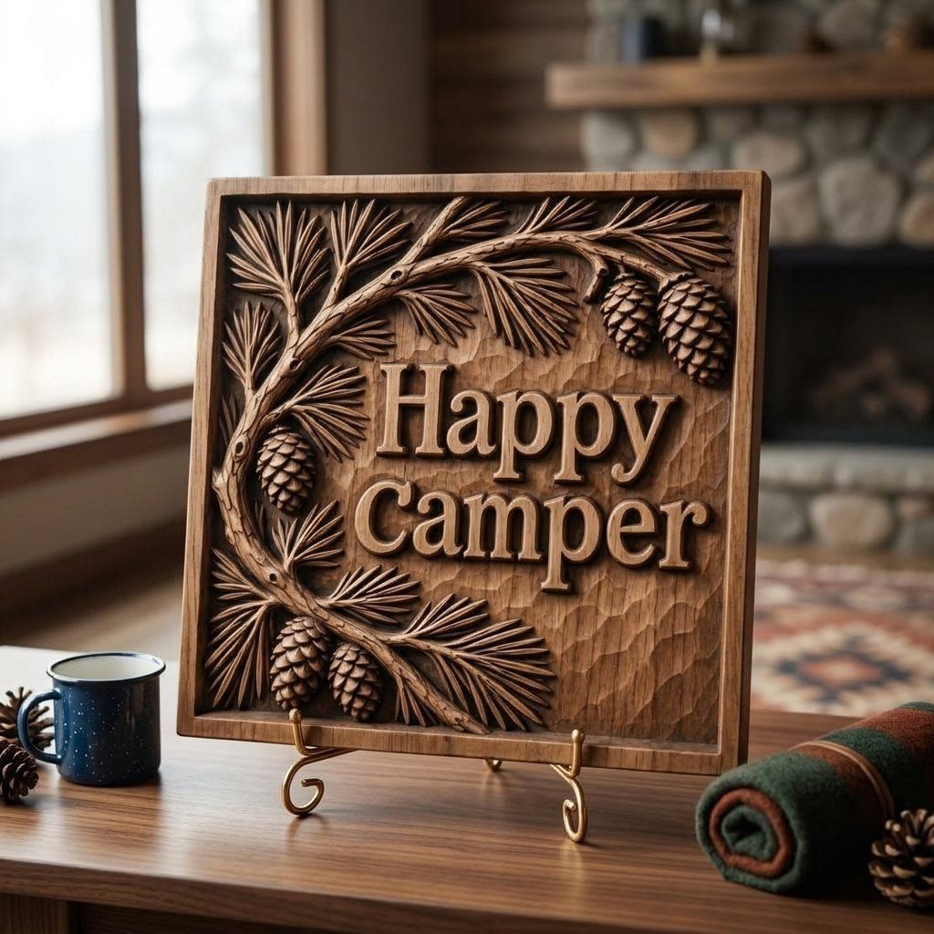 Happy Camper Pine Cone CNC Relief STL bas-relief STL — view 12