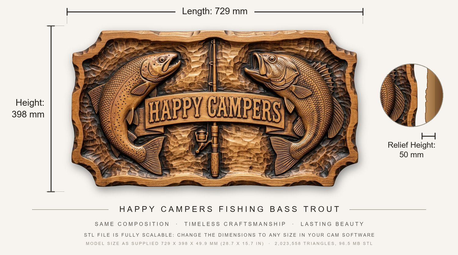 Happy Campers Fishing Bass Trout CNC Relief STL bas-relief STL — view 3