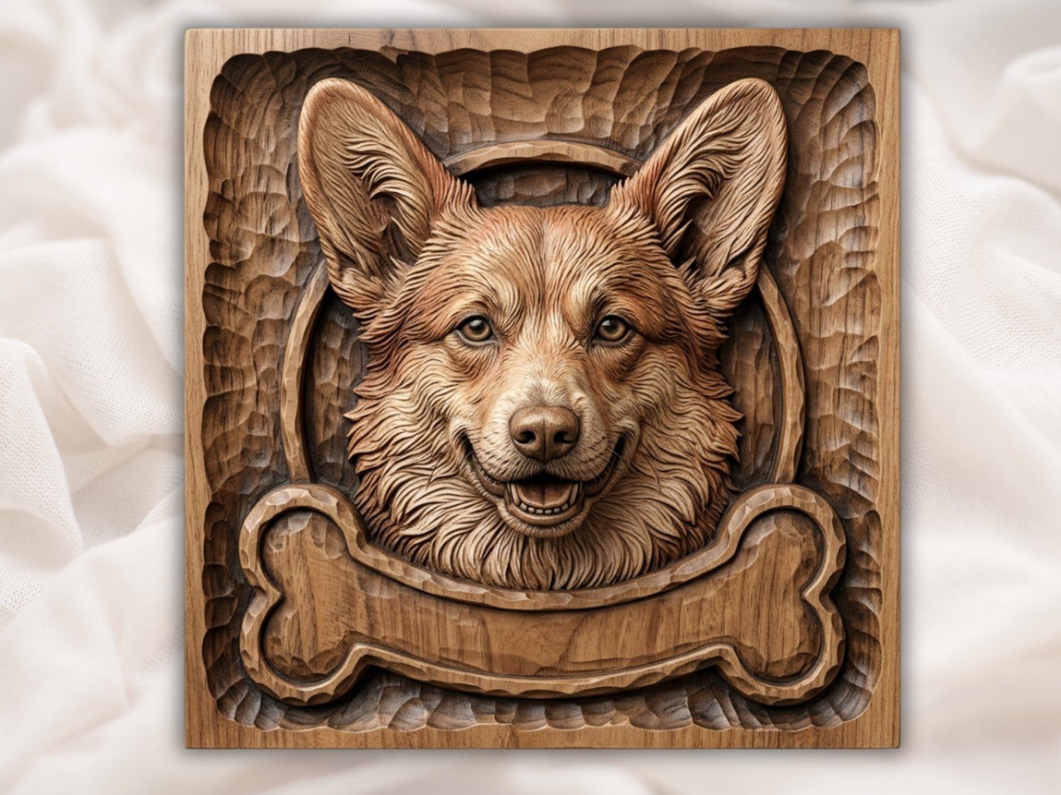 Happy Corgi Dog Portrait CNC Relief STL | Animal Pet Wood Carving Design | Welsh Corgi Wall Art Panel | Decorative Dog Sign Model — carved bas relief STL file for CNC