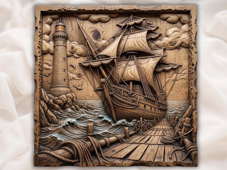 Carved wood bas-relief of a tall sailing ship near a dock with a lighthouse on rocky cliffs and waves