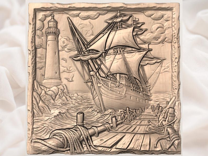 Tall Ship and Lighthouse Harbor Bas-Relief STL Carving bas-relief STL — view 2