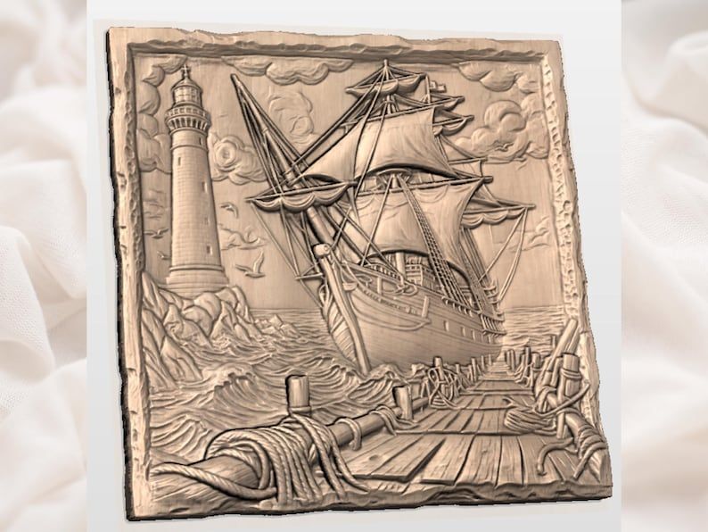 Tall Ship and Lighthouse Harbor Bas-Relief STL Carving bas-relief STL — view 3