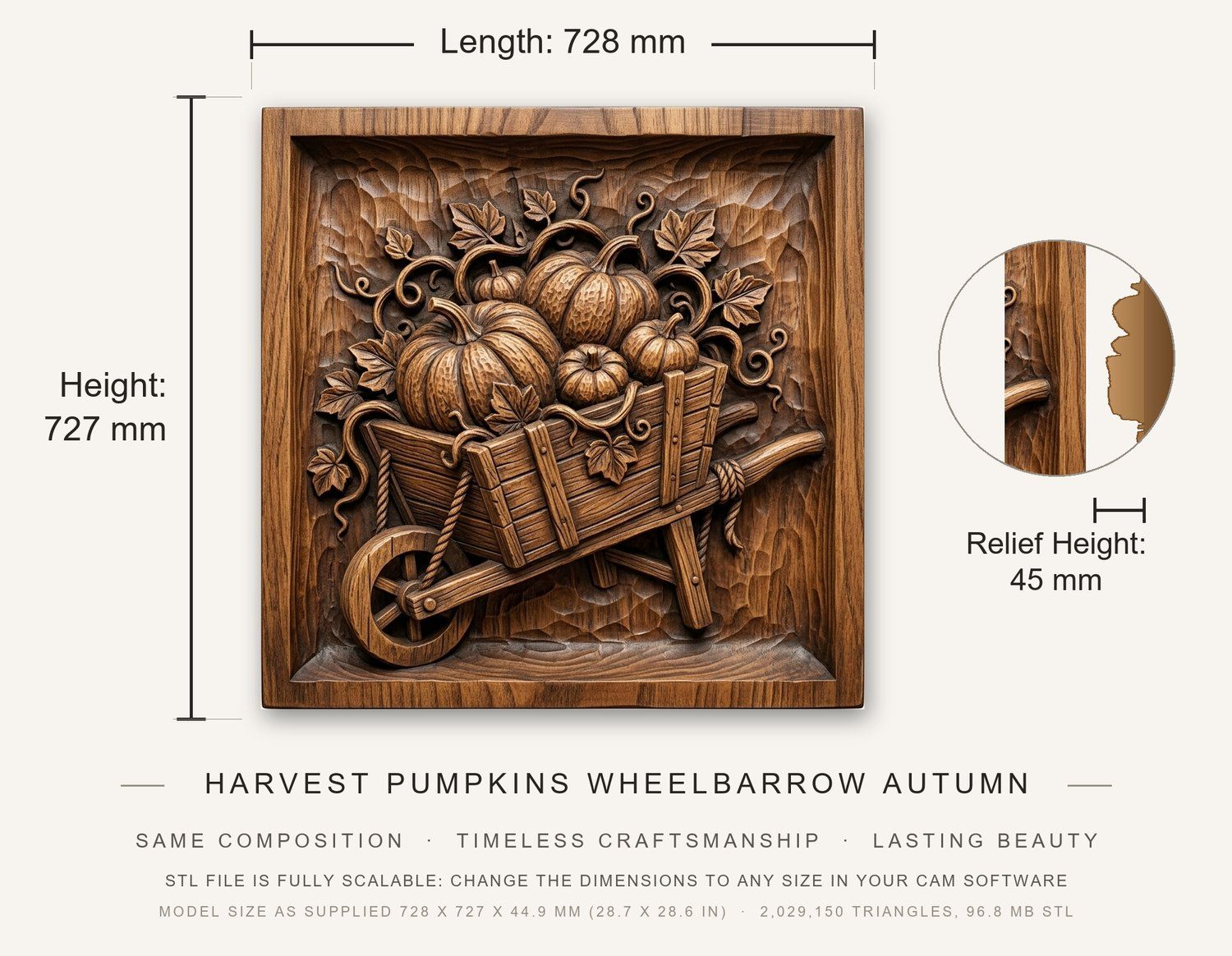 Harvest Pumpkins Wheelbarrow Autumn Farmhouse CNC Relief STL bas-relief STL — view 3