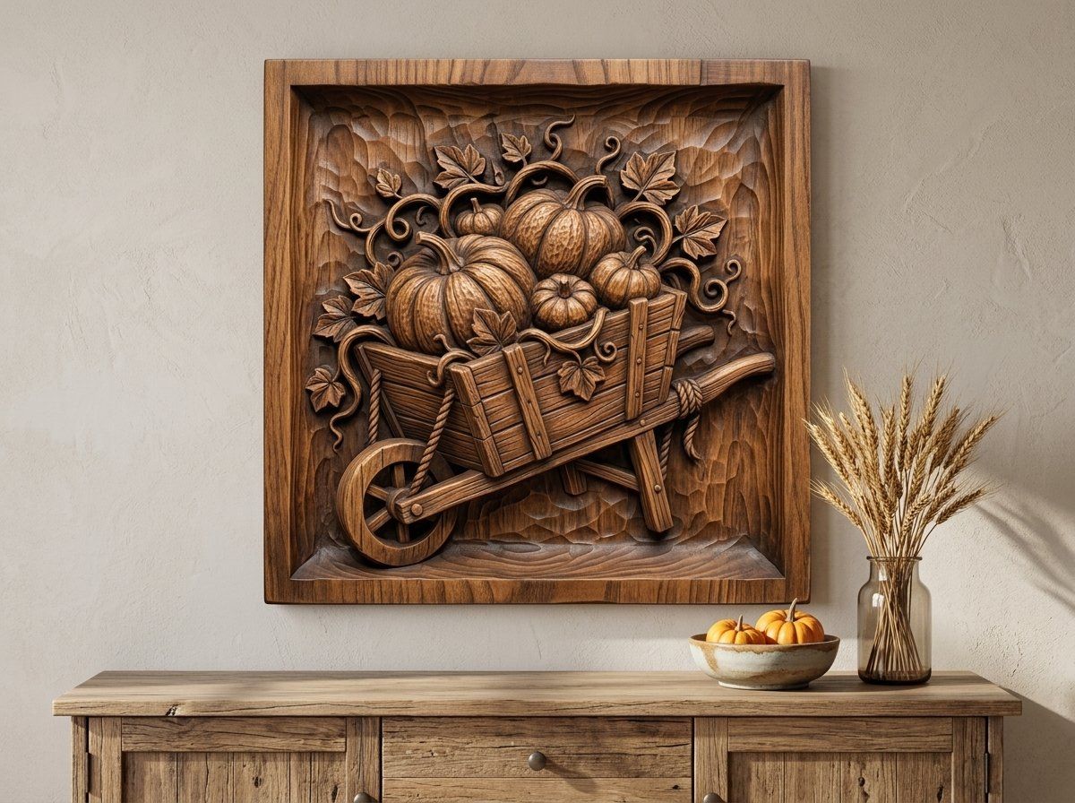 Harvest Pumpkins Wheelbarrow Autumn Farmhouse CNC Relief STL bas-relief STL — view 13