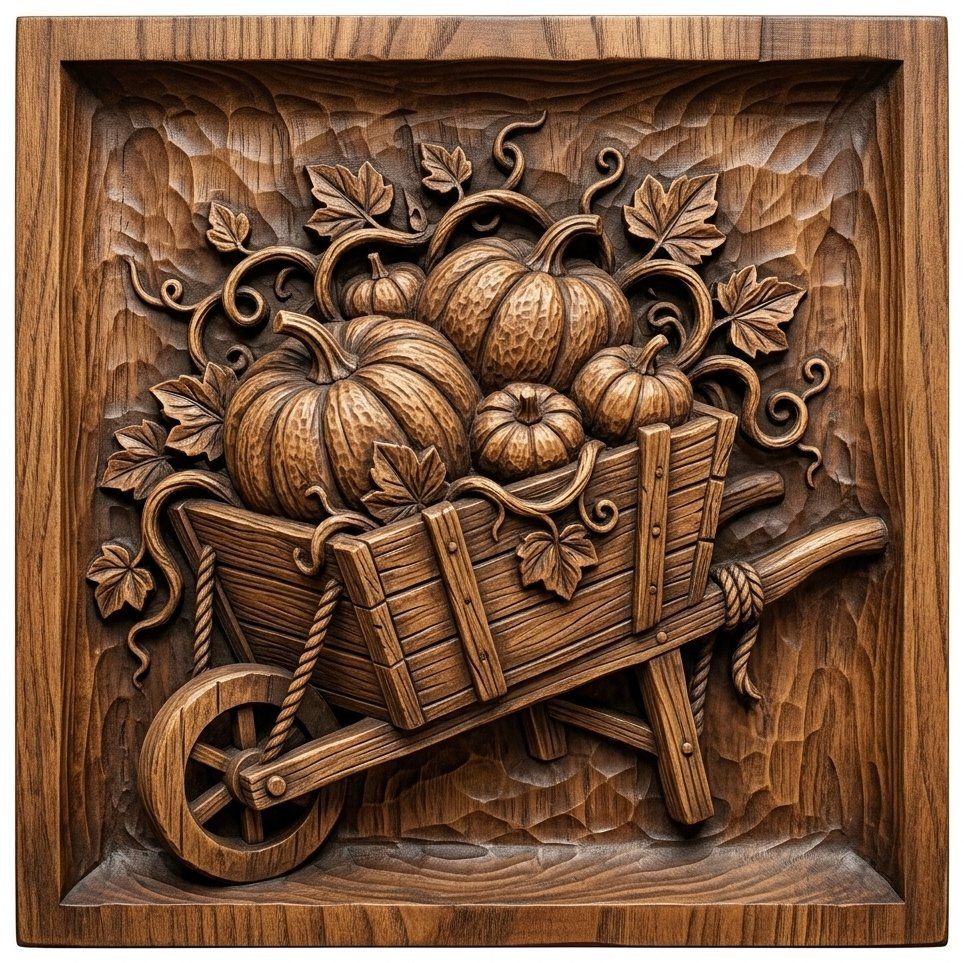 Harvest Pumpkins Wheelbarrow Autumn Farmhouse CNC Relief STL bas-relief STL — view 4
