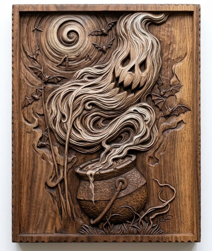 Haunted Ghost Cauldron Spooky Halloween CNC Relief STL | Supernatural Wall Art Panel | Gothic Wood Carving Design — carved bas relief STL file for CNC