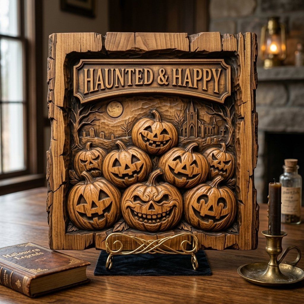 Haunted Halloween Pumpkins Happy Sign CNC Relief STL bas-relief STL — view 3