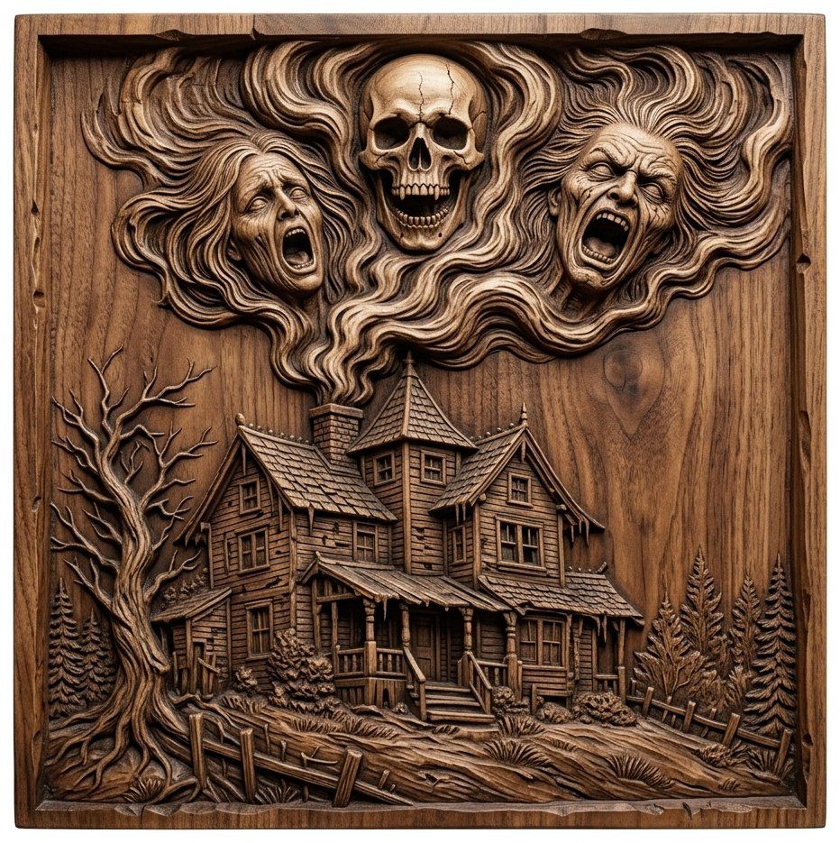Haunted House Screaming Ghouls Horror CNC Relief STL | Gothic Wall Art Panel | Spooky Halloween Wood Carving Design — carved bas relief STL file for CNC