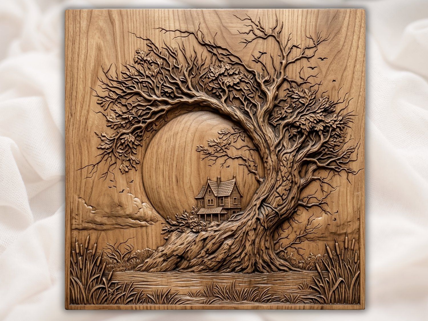 Haunted Tree House Landscape CNC Relief STL | Victorian Manor Wood Carving Design | Gnarled Oak Nature Wall Art Panel — carved bas relief STL file for CNC