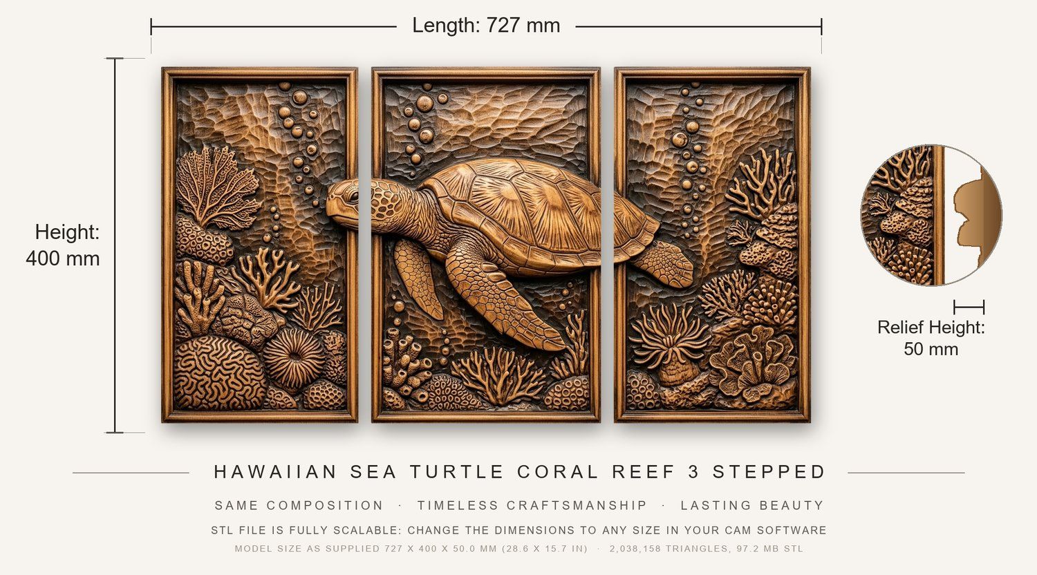 Hawaiian Sea Turtle Coral Reef 3 Stepped Vertical Decor Panels CNC Relief STL bas-relief STL — view 3