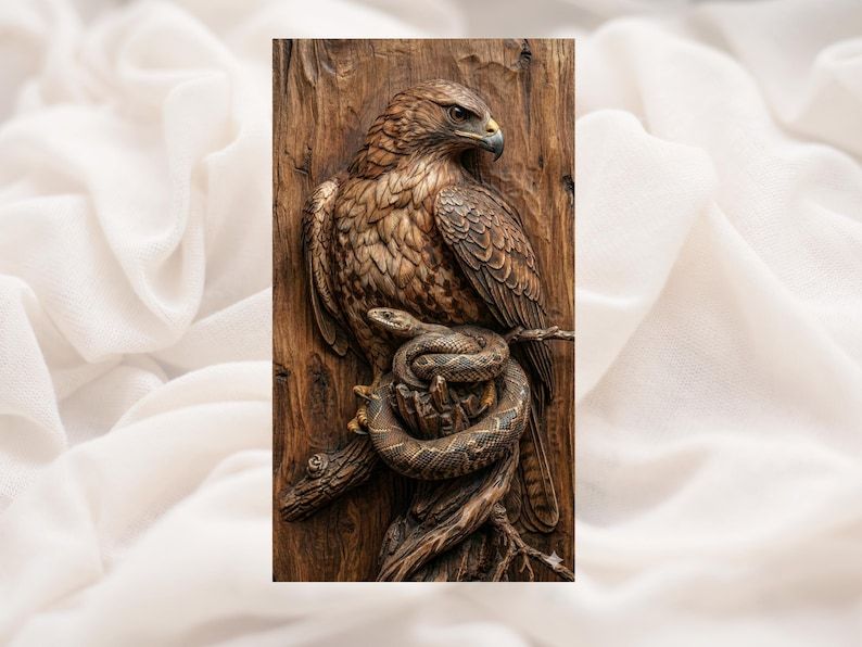 Carved wood bas-relief of a hawk perched on a branch above a coiled snake among gnarled roots.