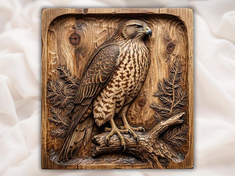Carved wood bas-relief of a hawk perched on a driftwood branch with pine sprigs behind it