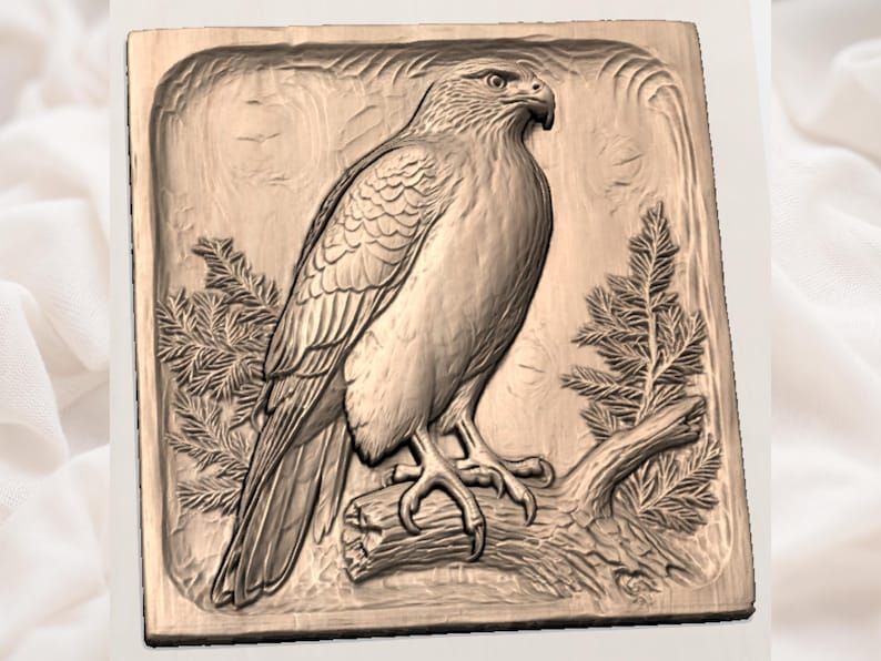 Perched Hawk Bas-Relief STL with Pine Branches and Driftwood bas-relief STL — view 2