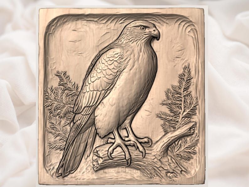 Perched Hawk Bas-Relief STL with Pine Branches and Driftwood bas-relief STL — view 3