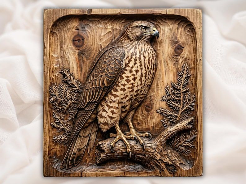 Perched Hawk Bas-Relief STL with Pine Branches and Driftwood bas-relief STL design