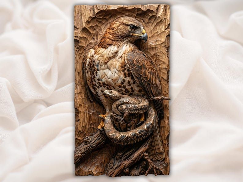 Carved wood bas-relief of a red-tailed hawk perched on a branch gripping a coiled snake