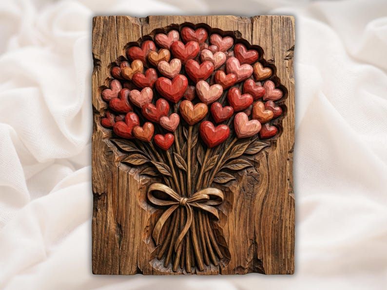 Carved wood bas-relief of a bouquet of hearts on stems tied together with a ribbon bow
