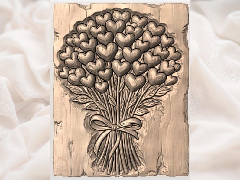 Heart Bouquet Bas-Relief STL, Carved Hearts Tied With a Bow bas-relief STL — view 3
