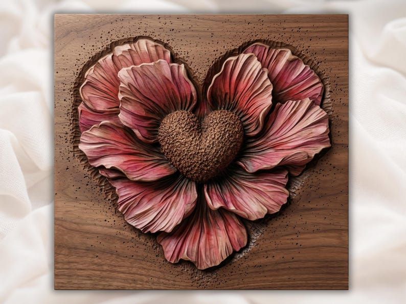 Bas-relief carving of a heart-shaped flower with layered pink petals and a textured heart center in wood