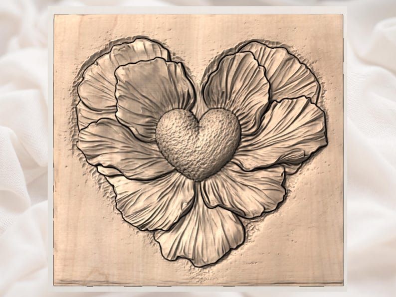 Heart-Shaped Blossom Bas-Relief STL with Layered Petals bas-relief STL — view 3