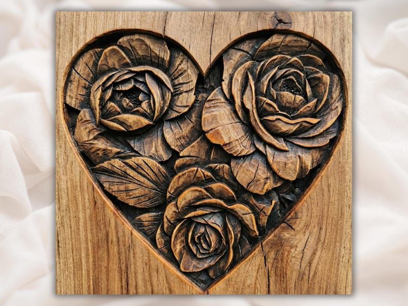 Bas-relief wood carving of three layered roses and leaves inside a heart-shaped frame.