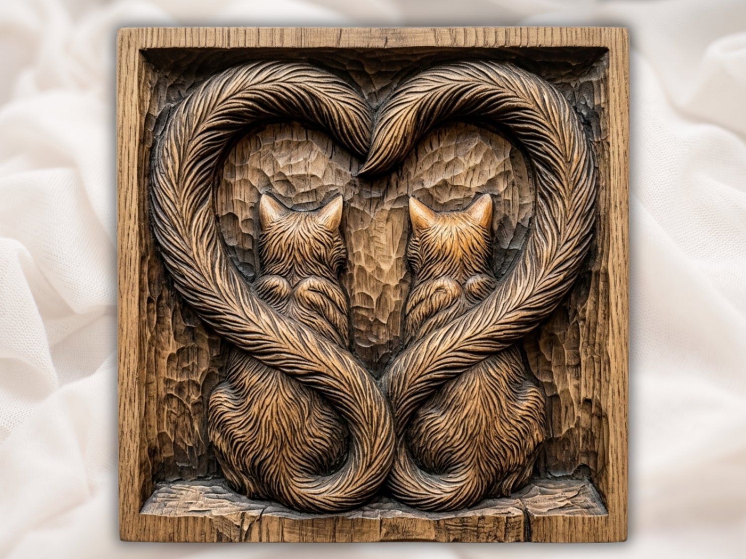 Heart Tails Feline Bond CNC Relief STL | Cat Lover Wall Art Panel | Romantic Animal Decor Design — carved bas relief STL file for CNC