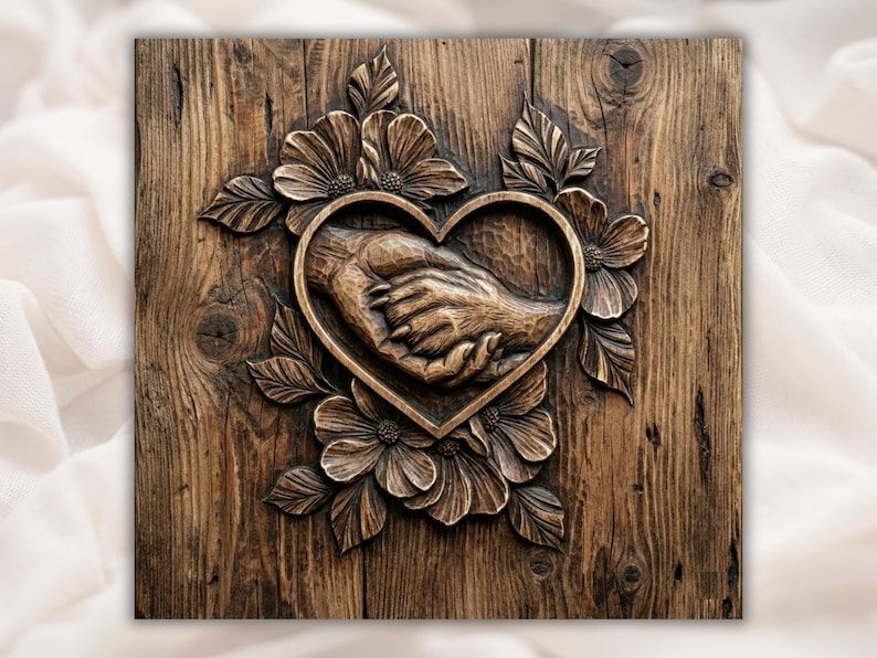 Bas-relief carving of a human hand holding a dog's paw inside a heart surrounded by flowers, in wood.