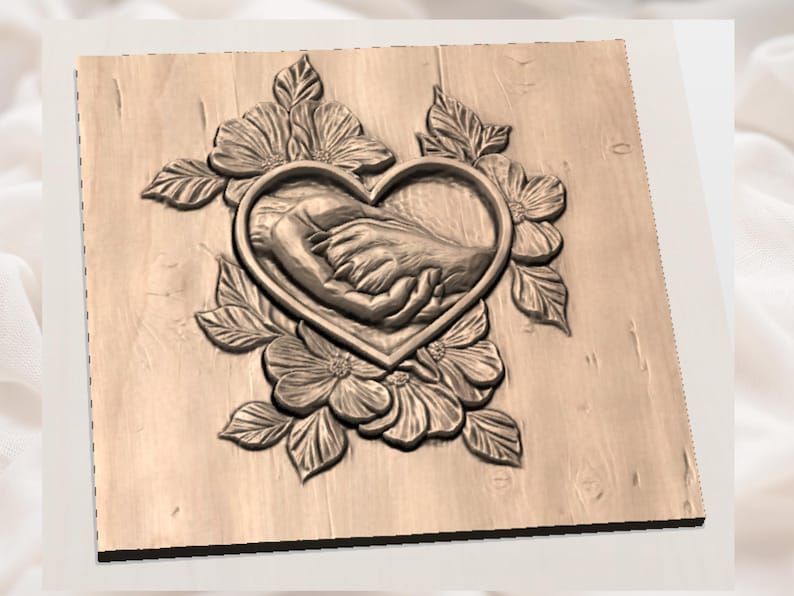 Hand Holding Dog Paw in a Floral Heart Bas-Relief STL bas-relief STL — view 2